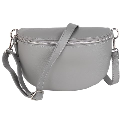 MIRROSI® Bauchtasche Damen, Made in Italy, Echtleder Umhängetasche Echtes Leder, Brusttasche, Crossbody Bag aus Echtem Leder, in 3 Größen erhältlich (Grau Silberner Reißverschluss) (Gr.M) von MIRROSI