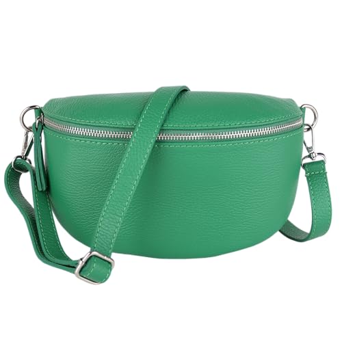 MIRROSI® Bauchtasche Damen, Made in Italy, Echtleder Umhängetasche Echtes Leder, Brusttasche, Crossbody Bag aus Echtem Leder, in 3 Größen erhältlich (Grün Silberner Reißverschluss) (Gr.S) von MIRROSI