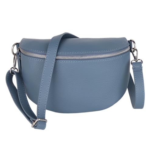 MIRROSI® Bauchtasche Damen, Made in Italy, Echtleder Umhängetasche Echtes Leder, Brusttasche, Crossbody Bag aus Echtem Leder, in 3 Größen erhältlich (Jeansblau Silberner Reißverschluss) (Gr.S) von MIRROSI
