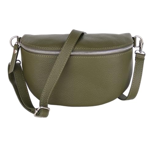 MIRROSI® Bauchtasche Damen, Made in Italy, Echtleder Umhängetasche Echtes Leder, Brusttasche, Crossbody Bag aus Echtem Leder, in 3 Größen erhältlich (Khakigrün Silberner Reißverschluss) (Gr.M) von MIRROSI