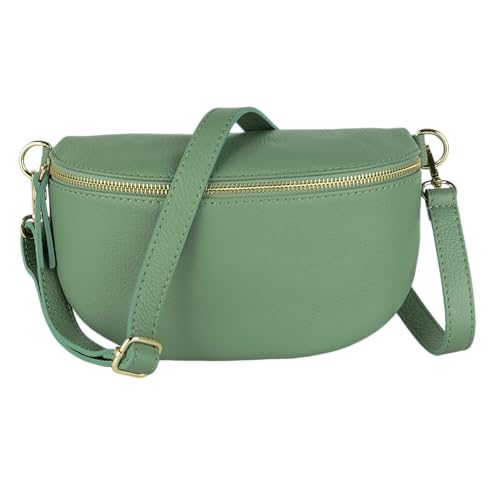 MIRROSI® Bauchtasche Damen, Made in Italy, Echtleder Umhängetasche Echtes Leder, Brusttasche, Crossbody Bag aus Echtem Leder, in 3 Größen erhältlich (Mint Goldner Reißverschluss) (Gr.M) von MIRROSI
