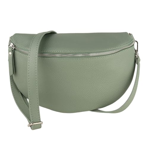 MIRROSI® Bauchtasche Damen, Made in Italy, Echtleder Umhängetasche Echtes Leder, Brusttasche, Crossbody Bag aus Echtem Leder, in 3 Größen erhältlich (Mint Silberner Reißverschluss) (Gr.L) von MIRROSI