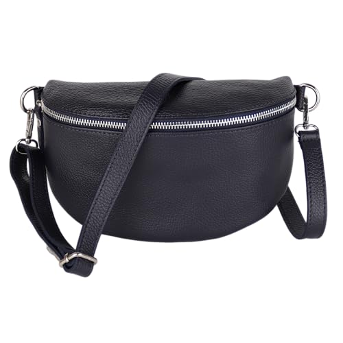 MIRROSI® Bauchtasche Damen, Made in Italy, Echtleder Umhängetasche Echtes Leder, Brusttasche, Crossbody Bag aus Echtem Leder, in 3 Größen erhältlich (Navy Silberner Reißverschluss) (Gr.S) von MIRROSI