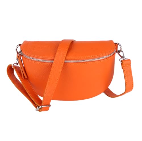 MIRROSI® Bauchtasche Damen, Made in Italy, Echtleder Umhängetasche Echtes Leder, Brusttasche, Crossbody Bag aus Echtem Leder, in 3 Größen erhältlich (Orange Silberner Reißverschluss) (Gr.L) von MIRROSI