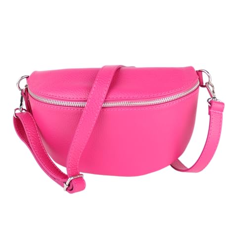 MIRROSI® Bauchtasche Damen, Made in Italy, Echtleder Umhängetasche Echtes Leder, Brusttasche, Crossbody Bag aus Echtem Leder, in 3 Größen erhältlich (Pink Silberner Reißverschluss) (Gr.L) von MIRROSI