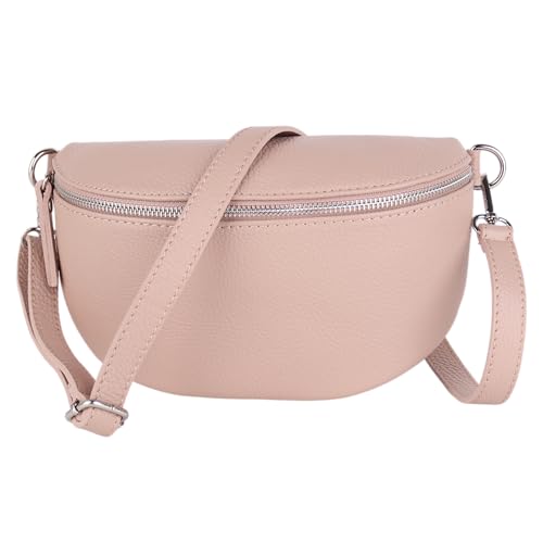 MIRROSI® Bauchtasche Damen, Made in Italy, Echtleder Umhängetasche Echtes Leder, Brusttasche, Crossbody Bag aus Echtem Leder, in 3 Größen erhältlich (Rosa Silberner Reißverschluss) (Gr.L) von MIRROSI