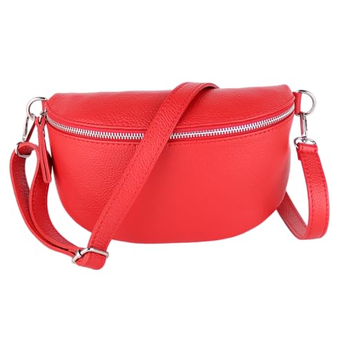 MIRROSI® Bauchtasche Damen, Made in Italy, Echtleder Umhängetasche Echtes Leder, Brusttasche, Crossbody Bag aus Echtem Leder, in 3 Größen erhältlich (Rot Silberner Reißverschluss) (Gr.M) von MIRROSI