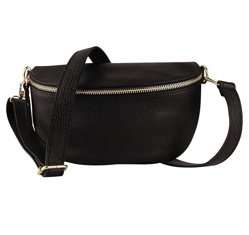 MIRROSI® Bauchtasche Damen, Made in Italy, Echtleder Umhängetasche Echtes Leder, Brusttasche, Crossbody Bag aus Echtem Leder, in 3 Größen erhältlich (Schwarz Goldner Reißverschluss) (Gr.L) von MIRROSI