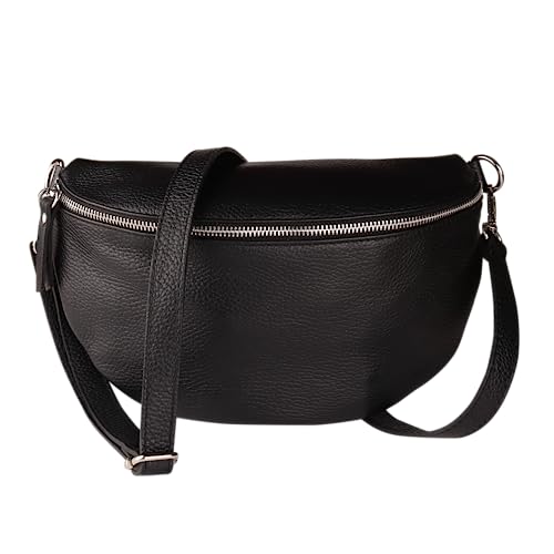 MIRROSI® Bauchtasche Damen, Made in Italy, Echtleder Umhängetasche Echtes Leder, Brusttasche, Crossbody Bag aus Echtem Leder, in 3 Größen erhältlich (Schwarz Silberner Reißverschluss) (Gr.L) von MIRROSI