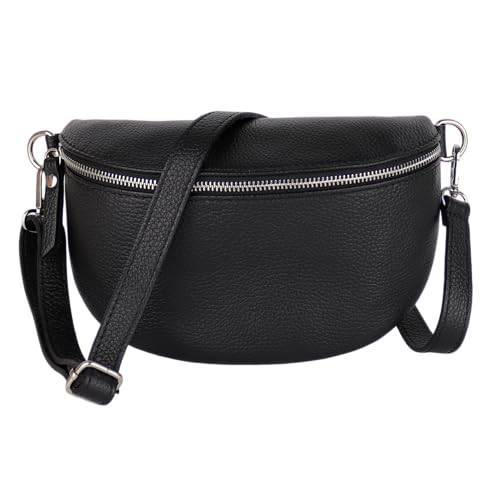 MIRROSI® Bauchtasche Damen, Made in Italy, Echtleder Umhängetasche Echtes Leder, Brusttasche, Crossbody Bag aus Echtem Leder, in 3 Größen erhältlich (Schwarz Silberner Reißverschluss) (Gr.M) von MIRROSI