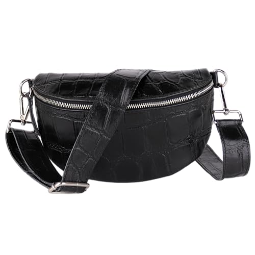 MIRROSI® Bauchtasche Damen, Made in Italy, Echtleder Umhängetasche Echtes Leder, Brusttasche, Crossbody Bag aus Echtem Leder, in 3 Größen erhältlich (Schwarz Silberner Reißverschluss) (Gr.M) von MIRROSI