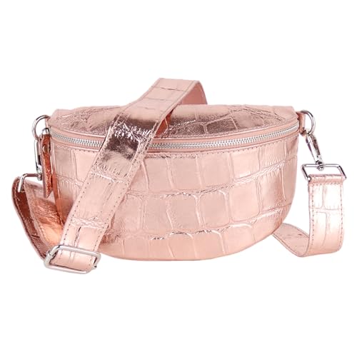 MIRROSI® Bauchtasche Damen, Made in Italy, Echtleder Umhängetasche Echtes Leder, Brusttasche, Crossbody Bag aus Echtem Leder, in 3 Größen erhältlich (Rose Silberner Reißverschluss) (Gr.M) von MIRROSI