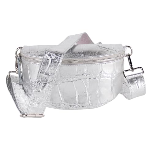 MIRROSI® Bauchtasche Damen, Made in Italy, Echtleder Umhängetasche Echtes Leder, Brusttasche, Crossbody Bag aus Echtem Leder, in 3 Größen erhältlich (Silber Silberner Reißverschluss) (Gr.M) von MIRROSI
