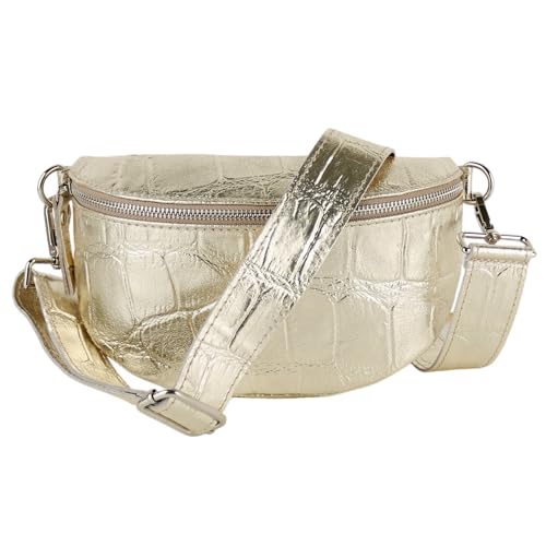 MIRROSI® Bauchtasche Damen, Made in Italy, Echtleder Umhängetasche Echtes Leder, Brusttasche, Crossbody Bag aus Echtem Leder, in 3 Größen erhältlich (Gold Silberner Reißverschluss) (Gr.M) von MIRROSI
