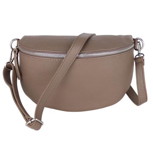 MIRROSI® Bauchtasche Damen, Made in Italy, Echtleder Umhängetasche Echtes Leder, Brusttasche, Crossbody Bag aus Echtem Leder, in 3 Größen erhältlich (Taupe Silberner Reißverschluss) (Gr.M) von MIRROSI