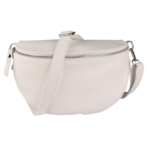MIRROSI® Bauchtasche Damen, Made in Italy, Echtleder Umhängetasche Echtes Leder, Brusttasche, Crossbody Bag aus Echtem Leder, in 3 Größen erhältlich (Weiß Silberner Reißverschluss) (Gr.M) von MIRROSI
