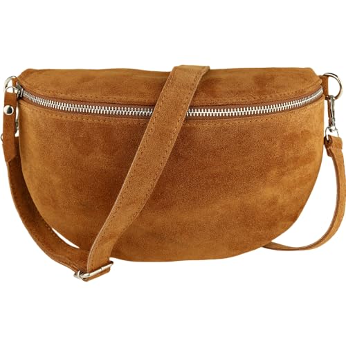 MIRROSI® Bauchtasche Damen, Made in Italy, Echtleder Umhängetasche Echtes Leder, Brusttasche, Crossbody Bag aus WLD Veloursleder, in 3 Größen erhältlich (Braun WLD Silberner Reißverschluss) (Gr.S) von MIRROSI