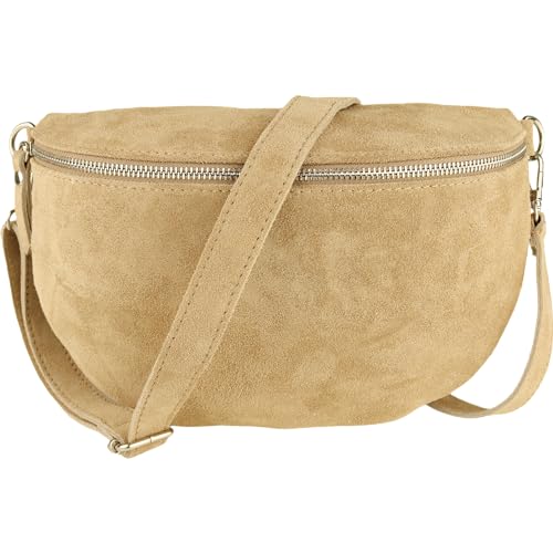 MIRROSI® Bauchtasche Damen, Made in Italy, Echtleder Umhängetasche Echtes Leder, Brusttasche, Crossbody Bag aus WLD Veloursleder, in 3 Größen erhältlich (D.Beige WLD Silberner Reißverschluss) (Gr.S) von MIRROSI