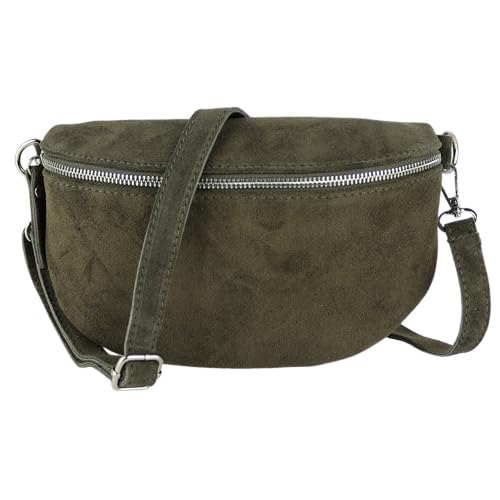 MIRROSI® Bauchtasche Damen, Made in Italy, Echtleder Umhängetasche Echtes Leder, Brusttasche, Crossbody Bag aus WLD Veloursleder, in 3 Größen erhältlich (K.Grün WLD Silberner Reißverschluss) (Gr.M) von MIRROSI