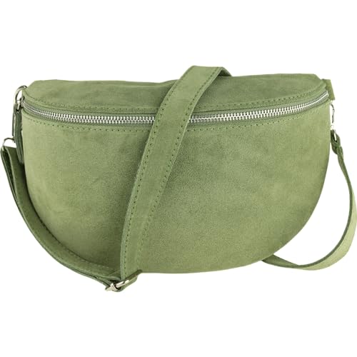 MIRROSI® Bauchtasche Damen, Made in Italy, Echtleder Umhängetasche Echtes Leder, Brusttasche, Crossbody Bag aus WLD Veloursleder, in 3 Größen erhältlich (Mint WLD Silberner Reißverschluss) (Gr.S) von MIRROSI