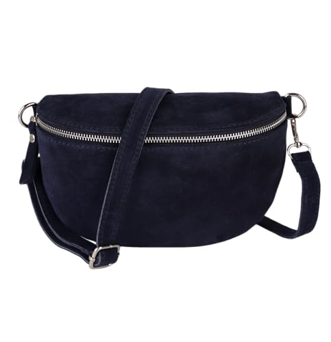 MIRROSI® Bauchtasche Damen, Made in Italy, Echtleder Umhängetasche Echtes Leder, Brusttasche, Crossbody Bag aus WLD Veloursleder, in 3 Größen erhältlich (Navy WLD Silberner Reißverschluss) (Gr.L) von MIRROSI