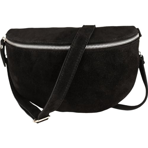 MIRROSI® Bauchtasche Damen, Made in Italy, Echtleder Umhängetasche Echtes Leder, Brusttasche, Crossbody Bag aus WLD Veloursleder, in 3 Größen erhältlich (Schwarz WLD Silberner Reißverschluss) (Gr.S) von MIRROSI