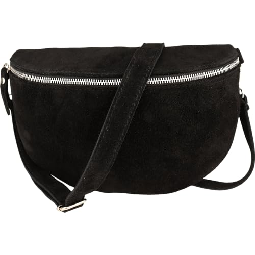 MIRROSI® Bauchtasche Damen, Made in Italy, Echtleder Umhängetasche Echtes Leder, Brusttasche, Crossbody Bag aus WLD Veloursleder, in 3 Größen erhältlich (Schwarz WLD Silberner Reißverschluss) (Gr.L) von MIRROSI