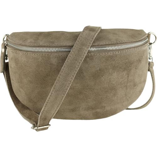 MIRROSI® Bauchtasche Damen, Made in Italy, Echtleder Umhängetasche Echtes Leder, Brusttasche, Crossbody Bag aus WLD Veloursleder, in 3 Größen erhältlich (Taupe WLD Silberner Reißverschluss) (Gr.S) von MIRROSI