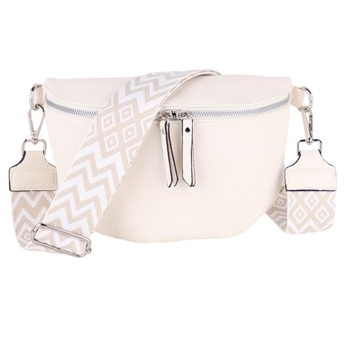 MIRROSI® Bauchtasche Damen, Veganleder 26x18x9cm, Umhängetasche, Brusttasche, Crossbody bag, Kunstleder leder, verstellbare Schulterriemen Bohemian Style (Cremewhite) von MIRROSI