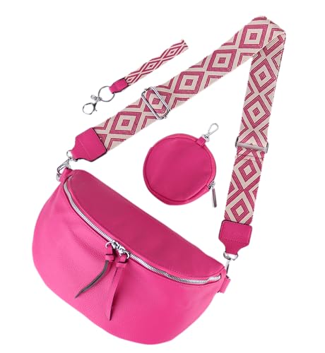 MIRROSI® Bauchtasche Damen, Veganleder 30x19x10cm, Umhängetasche, Brusttasche, Crossbody bag, Kunstleder leder, verstellbare Schulterriemen Bohemian Style (Fuchsia) von MIRROSI