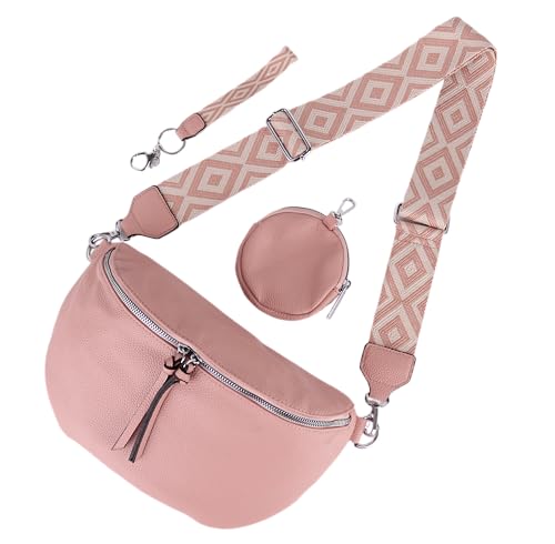 MIRROSI® Bauchtasche Damen, Veganleder 30x19x10cm, Umhängetasche, Brusttasche, Crossbody bag, Kunstleder leder, verstellbare Schulterriemen Bohemian Style (Rosa) von MIRROSI