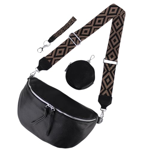 MIRROSI® Bauchtasche Damen, Veganleder 30x19x10cm, Umhängetasche, Brusttasche, Crossbody bag, Kunstleder leder, verstellbare Schulterriemen Bohemian Style (Schwarz) von MIRROSI