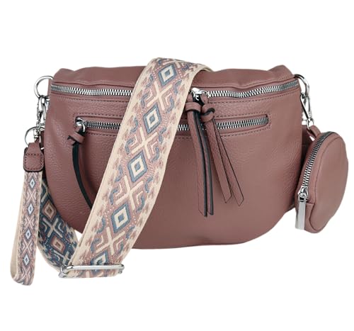 MIRROSI® Bauchtasche Damen, Veganleder 30x20x9cm, Umhängetasche, Brusttasche, Crossbody bag, Kunstleder leder, verstellbare Schulterriemen Bohemian Style (Altrosa) von MIRROSI