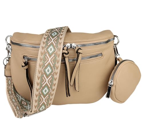 MIRROSI® Bauchtasche Damen, Veganleder 30x20x9cm, Umhängetasche, Brusttasche, Crossbody bag, Kunstleder leder, verstellbare Schulterriemen Bohemian Style (Dunkel Beige) von MIRROSI