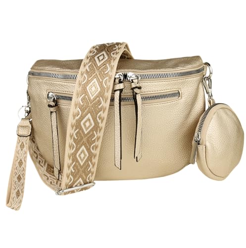 MIRROSI® Bauchtasche Damen, Veganleder 30x20x9cm, Umhängetasche, Brusttasche, Crossbody bag, Kunstleder leder, verstellbare Schulterriemen Bohemian Style (Gold) von MIRROSI