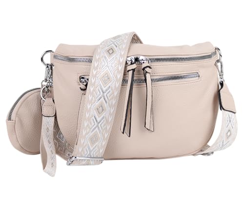 MIRROSI® Bauchtasche Damen, Veganleder 30x20x9cm, Umhängetasche, Brusttasche, Crossbody bag, Kunstleder leder, verstellbare Schulterriemen Bohemian Style (Hell Beige) von MIRROSI