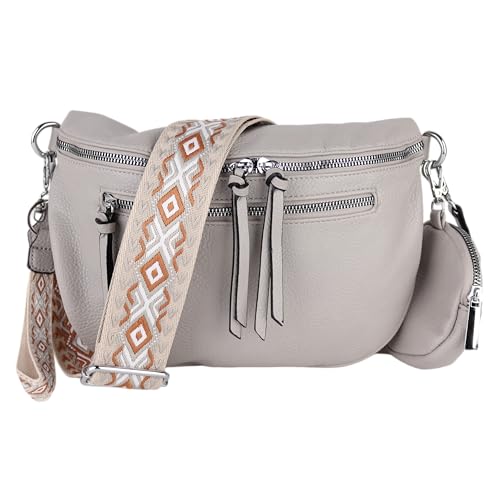 MIRROSI® Bauchtasche Damen, Veganleder 30x20x9cm, Umhängetasche, Brusttasche, Crossbody bag, Kunstleder leder, verstellbare Schulterriemen Bohemian Style (Hellgrau) von MIRROSI