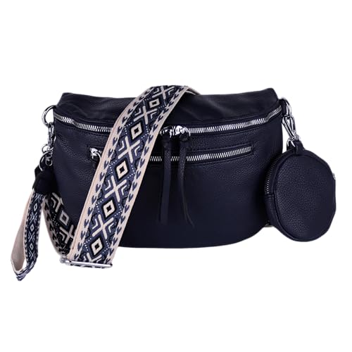 MIRROSI® Bauchtasche Damen, Veganleder 30x20x9cm, Umhängetasche, Brusttasche, Crossbody bag, Kunstleder leder, verstellbare Schulterriemen Bohemian Style (Navy) von MIRROSI