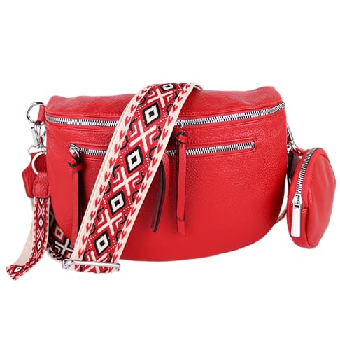 MIRROSI® Bauchtasche Damen, Veganleder 30x20x9cm, Umhängetasche, Brusttasche, Crossbody bag, Kunstleder leder, verstellbare Schulterriemen Bohemian Style (Rot) von MIRROSI