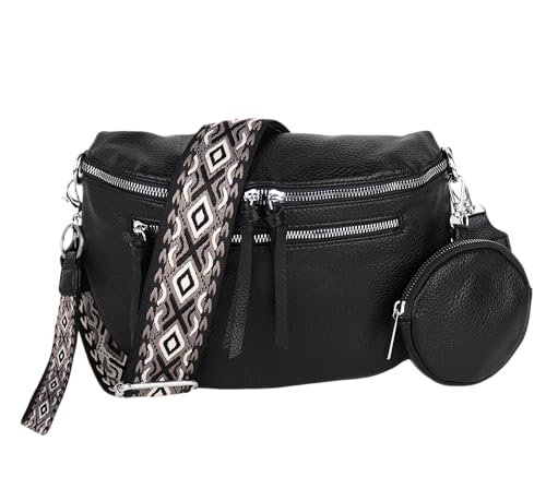 MIRROSI® Bauchtasche Damen, Veganleder 30x20x9cm, Umhängetasche, Brusttasche, Crossbody bag, Kunstleder leder, verstellbare Schulterriemen Bohemian Style (Schwarz) von MIRROSI