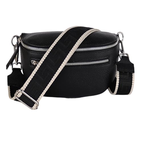 MIRROSI® Damen Bauchtasche Umhängetasche 27x14,5x8cm Damen, Made in Italy, aus Echtleder Tasche Echtes Leder, Brusttasche, Crossbody Bag,Bohemian Style (1 Tasche 2 Gurte) (Schwarz Uni) von MIRROSI