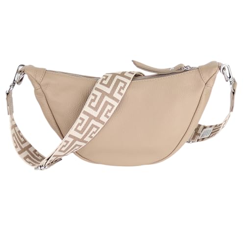 MIRROSI® Damen Runde Tasche Umhängetasche 33x17x10cm Damen, Made in Italy, aus Echtleder Bauchtasche Echtes Leder, Brusttasche, Crossbody Bag,Bohemian Style (1 Tasche 2 Gurte) (Helltaupe NN) von MIRROSI