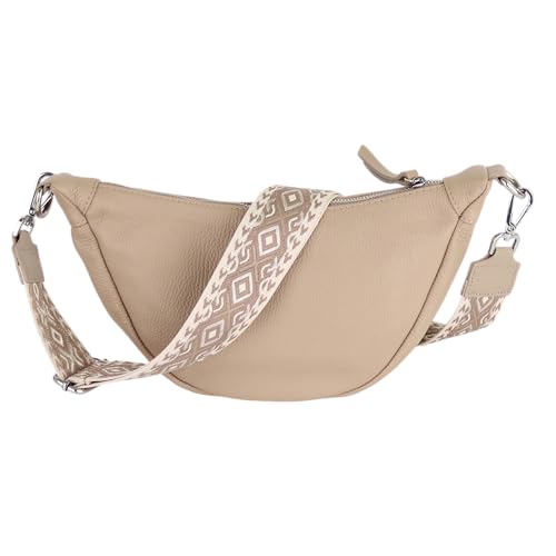 MIRROSI® Damen Runde Tasche Umhängetasche 33x17x10cm Damen, Made in Italy, aus Echtleder Bauchtasche Echtes Leder, Brusttasche, Crossbody Bag,Bohemian Style (1 Tasche 2 Gurte) (Helltaupe Rauten) von MIRROSI