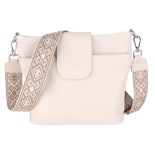 MIRROSI® Damen Umhängetasche 30x24,5x9cm Made in Italy,viel Stauraum, aus Echtleder Tasche Bauchtasche Echtes Leder, Brusttasche, Crossbody Bag,Bohemian Style (1 Tasche 2 Gurte)(Beige Karo) von MIRROSI