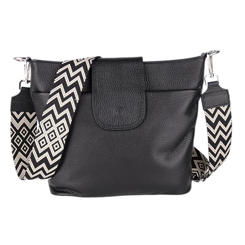 MIRROSI® Umhängetasche Damen, Echtleder, Made in Italy, BOHO Style30x24,50x9cm (BXHXT) viel Stauraum, Handtasche, Brusttasche, Crossbody Bag (1 Tasche & 2 Gurte) (Schwarz (BOHO)) von MIRROSI