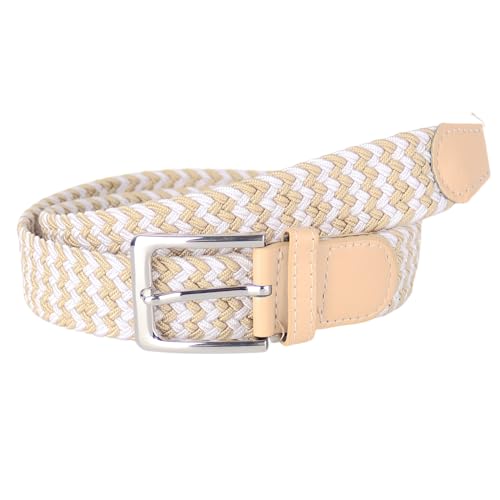 MIRROSI® Flechtgürtel Elastischer Stoffgürtel Flechtgürtel für Damen und Herren (3,5CM Breit, Super Weich) Geflochtener Stretchgürtel UNISEX (Beige/Weiß, 105cm (entspricht Bundweite 90cm)) von MIRROSI