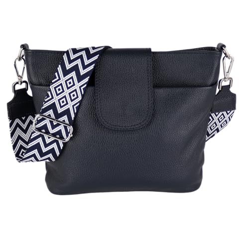 MIRROSI® Umhängetasche Damen, Echtleder, Made in Italy, BOHO Style30x24,50x9cm (BXHXT) viel Stauraum, Handtasche, Brusttasche, Crossbody Bag (1 Tasche & 2 Gurte) (Navy (BOHO)) von MIRROSI