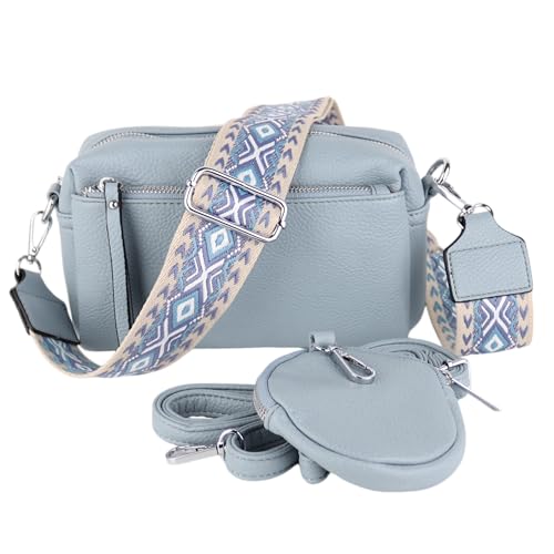 MIRROSI® umhängeTasche inkl. 1x Münzbeutel und 2 Wechselgurte Damen Crossbody Bag, 19x14x8cm Kleine Mittelgroß (verstellbaren Schulterriemen), SchulterTasche fürjeden Anlass (Babyblau) von MIRROSI