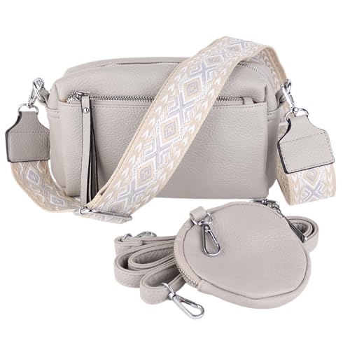 MIRROSI® umhängeTasche inkl. 1x Münzbeutel und 2 Wechselgurte Damen Crossbody Bag, 19x14x8cm Kleine Mittelgroß (verstellbaren Schulterriemen), SchulterTasche fürjeden Anlass (Grau) von MIRROSI