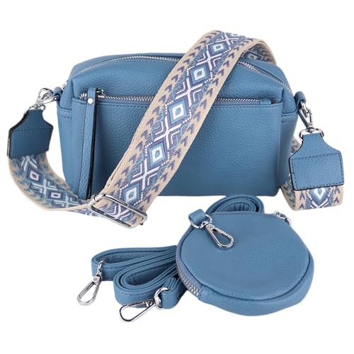 MIRROSI® umhängeTasche inkl. 1x Münzbeutel und 2 Wechselgurte Damen Crossbody Bag, 19x14x8cm Kleine Mittelgroß (verstellbaren Schulterriemen), SchulterTasche fürjeden Anlass (Jeansblau) von MIRROSI